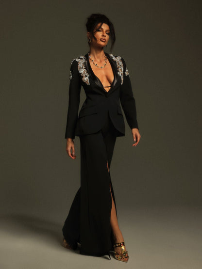 Rosstef Taşlı Yırtmaçlı Blazer Ceket Takım - Glamorous Stil