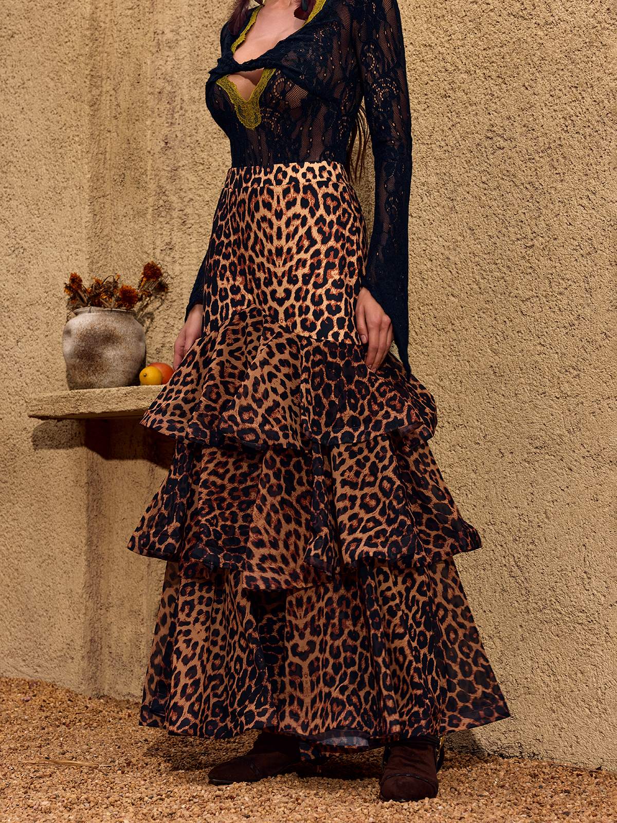 Rosstef Leopar Desenli Katlı Etek