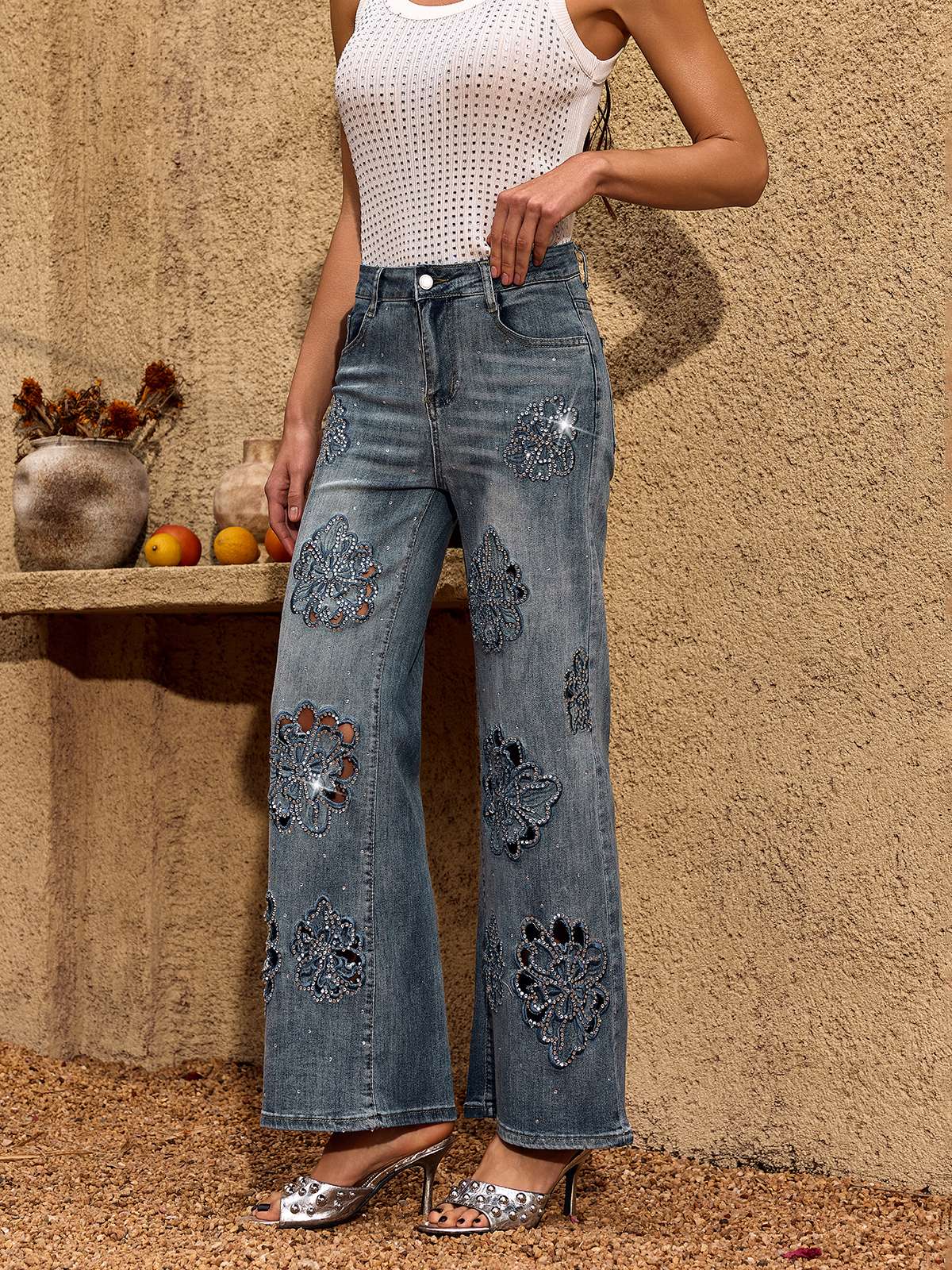 Rosstef Cheta Çiçekli Taşlı Straight Jeans - Şanslı Ciltli Çeker Pantolon