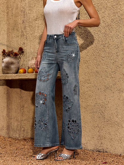 Rosstef Cheta Çiçekli Taşlı Straight Jeans - Şanslı Ciltli Çeker Pantolon