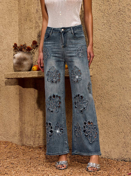 Rosstef Cheta Çiçekli Taşlı Straight Jeans - Şanslı Ciltli Çeker Pantolon