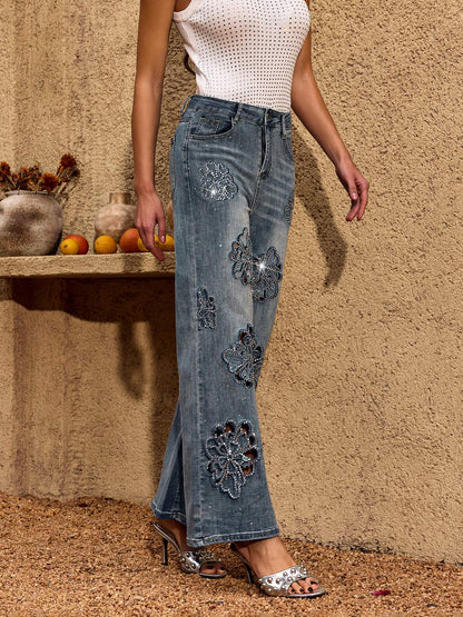 Rosstef Cheta Çiçekli Taşlı Straight Jeans - Şanslı Ciltli Çeker Pantolon