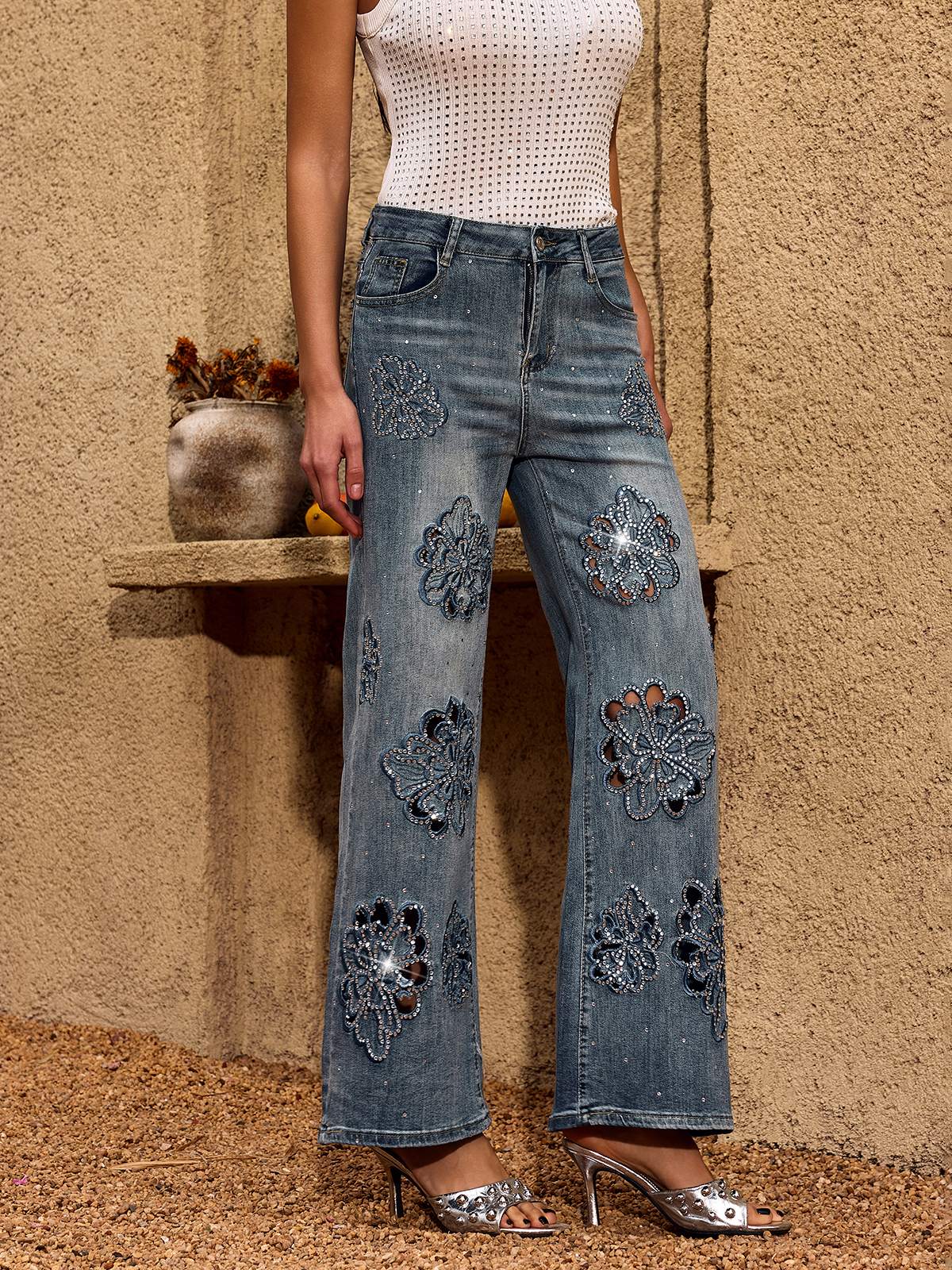 Rosstef Cheta Çiçekli Taşlı Straight Jeans - Şanslı Ciltli Çeker Pantolon