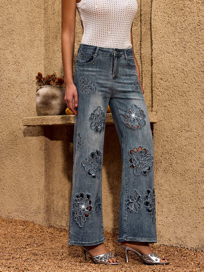 Rosstef Cheta Çiçekli Taşlı Straight Jeans - Şanslı Ciltli Çeker Pantolon
