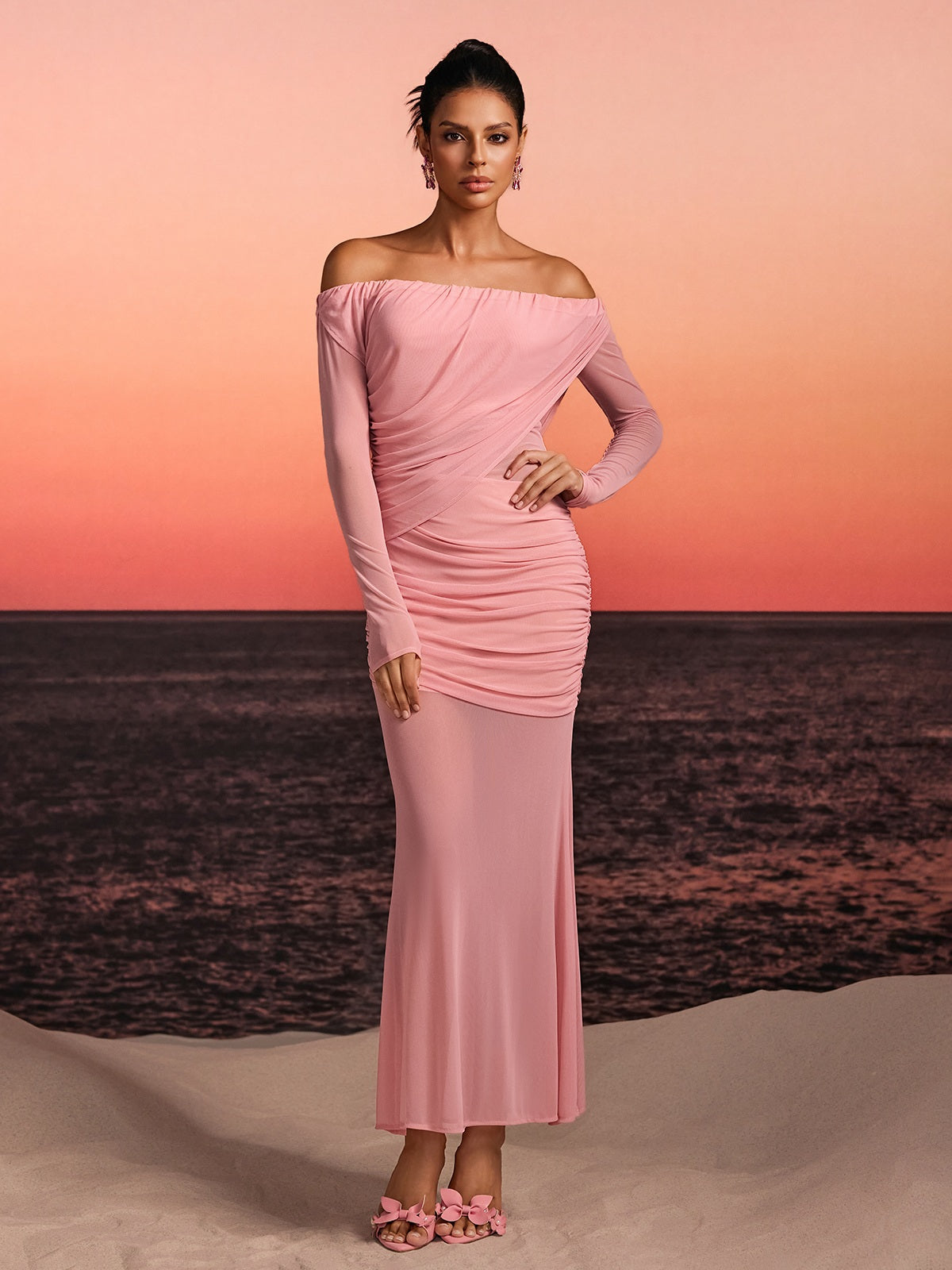 Rosstef Düşük Omuz Maxi Abiye Pembe