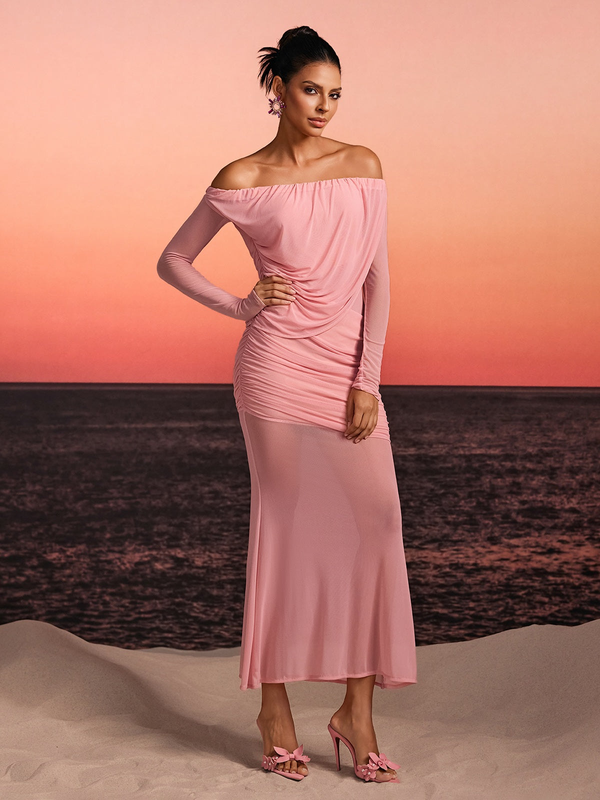 Rosstef Düşük Omuz Maxi Abiye Pembe