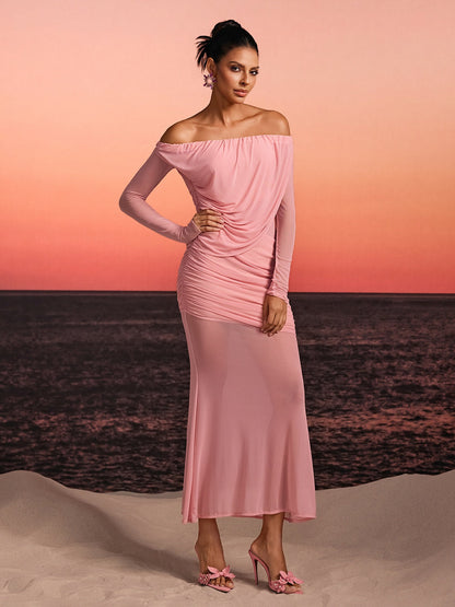 Rosstef Düşük Omuz Maxi Abiye Pembe