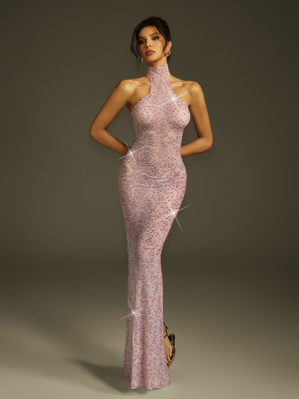 Rosstef Corinthe Yüksek Cep Rhine Stone Florallı Çiftli Maxi Elbise