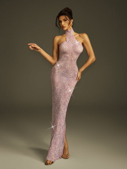 Rosstef Corinthe Yüksek Cep Rhine Stone Florallı Çiftli Maxi Elbise
