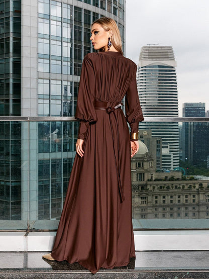 Rosstef Cosmo V Yaka Belted Maxi Elbise