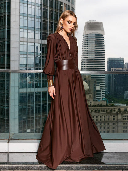 Rosstef Cosmo V Yaka Belted Maxi Elbise