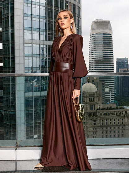 Rosstef Cosmo V Yaka Belted Maxi Elbise