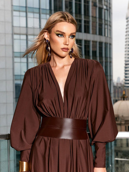 Rosstef Cosmo V Yaka Belted Maxi Elbise