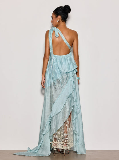 Rosstef Czelaw Tek Omuz Dantelli Maxi Elbise Icy Blue