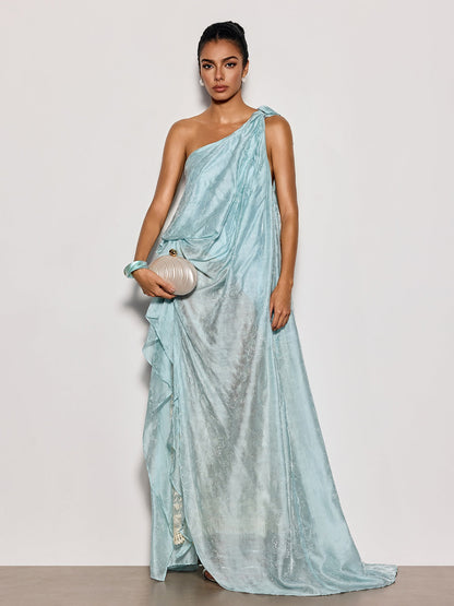 Rosstef Czelaw Tek Omuz Dantelli Maxi Elbise Icy Blue
