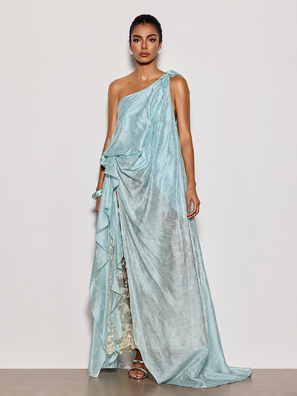 Rosstef Czelaw Tek Omuz Dantelli Maxi Elbise Icy Blue