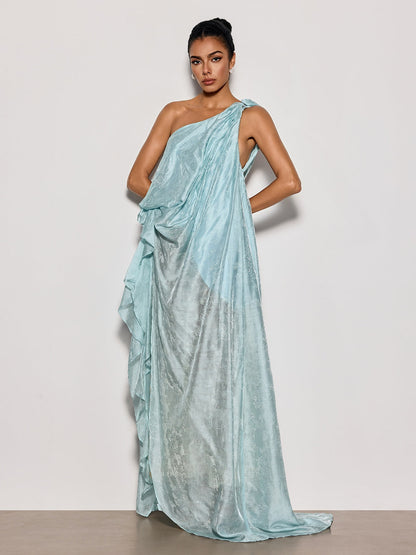 Rosstef Czelaw Tek Omuz Dantelli Maxi Elbise Icy Blue