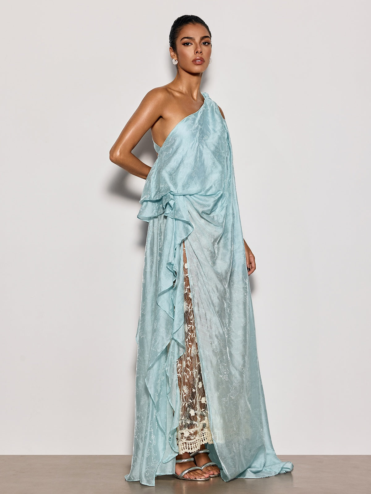 Rosstef Czelaw Tek Omuz Dantelli Maxi Elbise Icy Blue