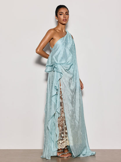 Rosstef Czelaw Tek Omuz Dantelli Maxi Elbise Icy Blue