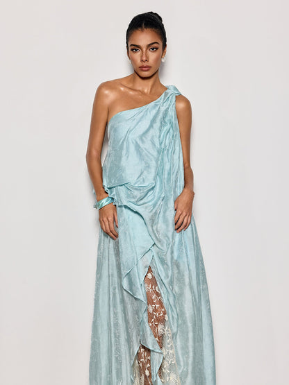 Rosstef Czelaw Tek Omuz Dantelli Maxi Elbise Icy Blue