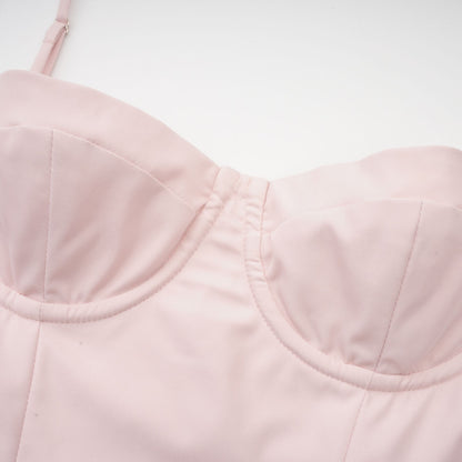Soleil Pembe Pilili Korse Midi Elbise