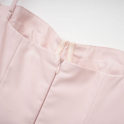 Soleil Pembe Pilili Korse Midi Elbise