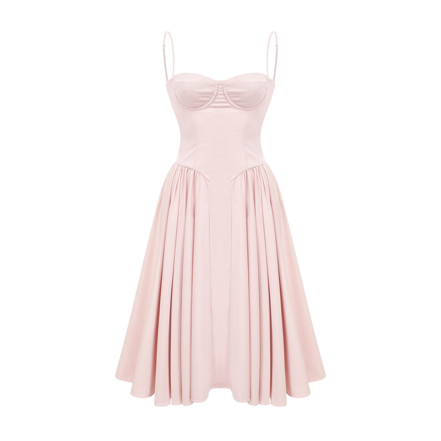 Soleil Pembe Pilili Korse Midi Elbise