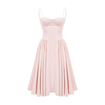 Soleil Pembe Pilili Korse Midi Elbise