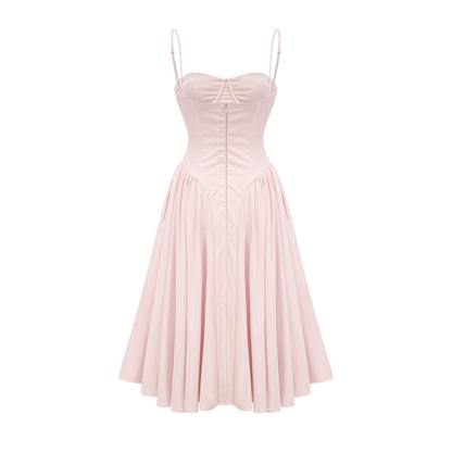 Soleil Pembe Pilili Korse Midi Elbise