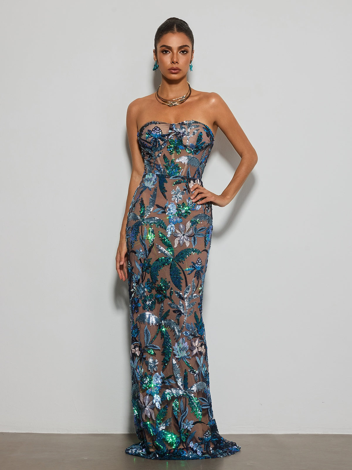 Rosstef Çiçek Desenli Payetli Maxi Elbise
