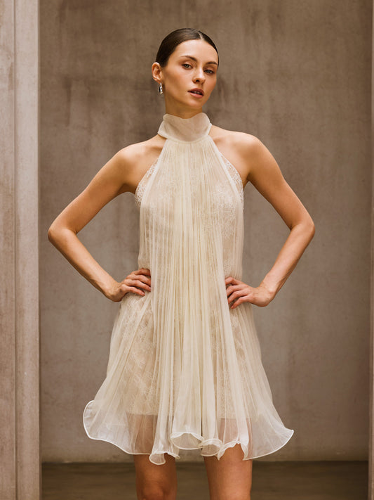 Rosstef Dantelli Pileli İspanyol Paça Mini Elbise