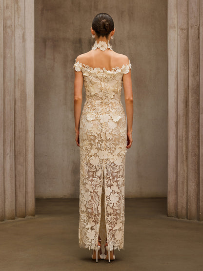 Rosstef Beige Çiçek Desenli Maxi Elbise