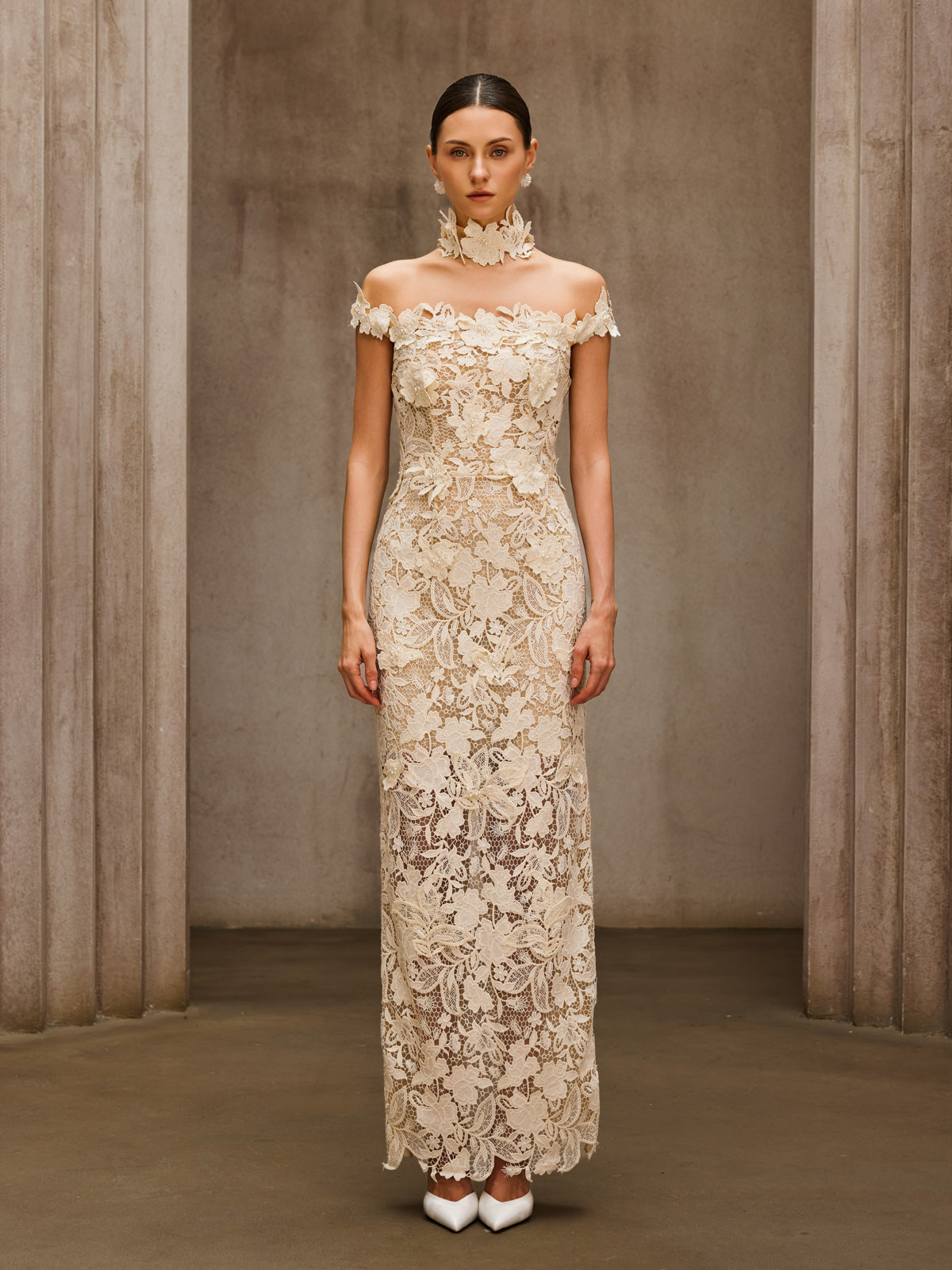 Rosstef Beige Çiçek Desenli Maxi Elbise