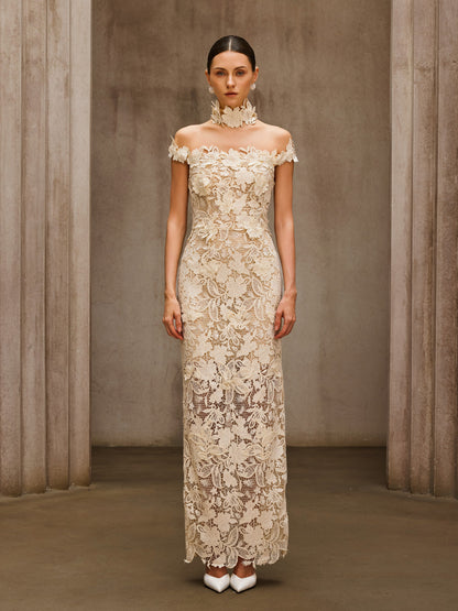 Rosstef Beige Çiçek Desenli Maxi Elbise