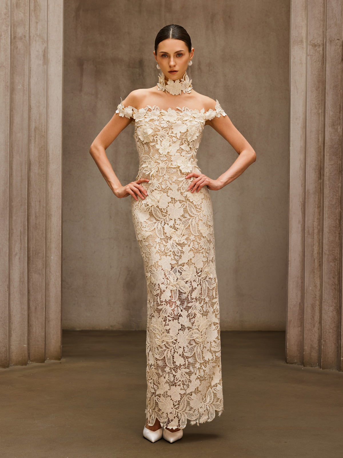 Rosstef Beige Çiçek Desenli Maxi Elbise