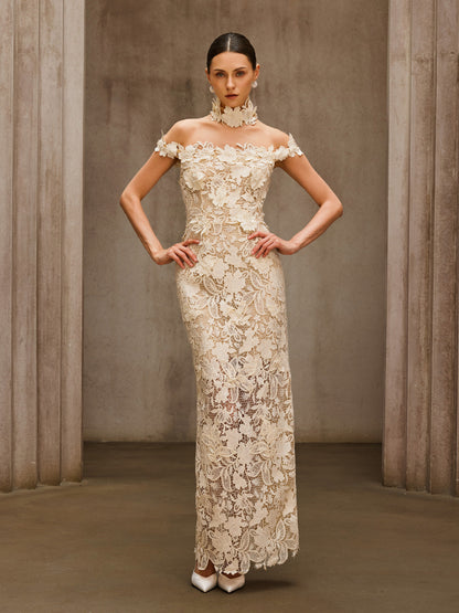 Rosstef Beige Çiçek Desenli Maxi Elbise
