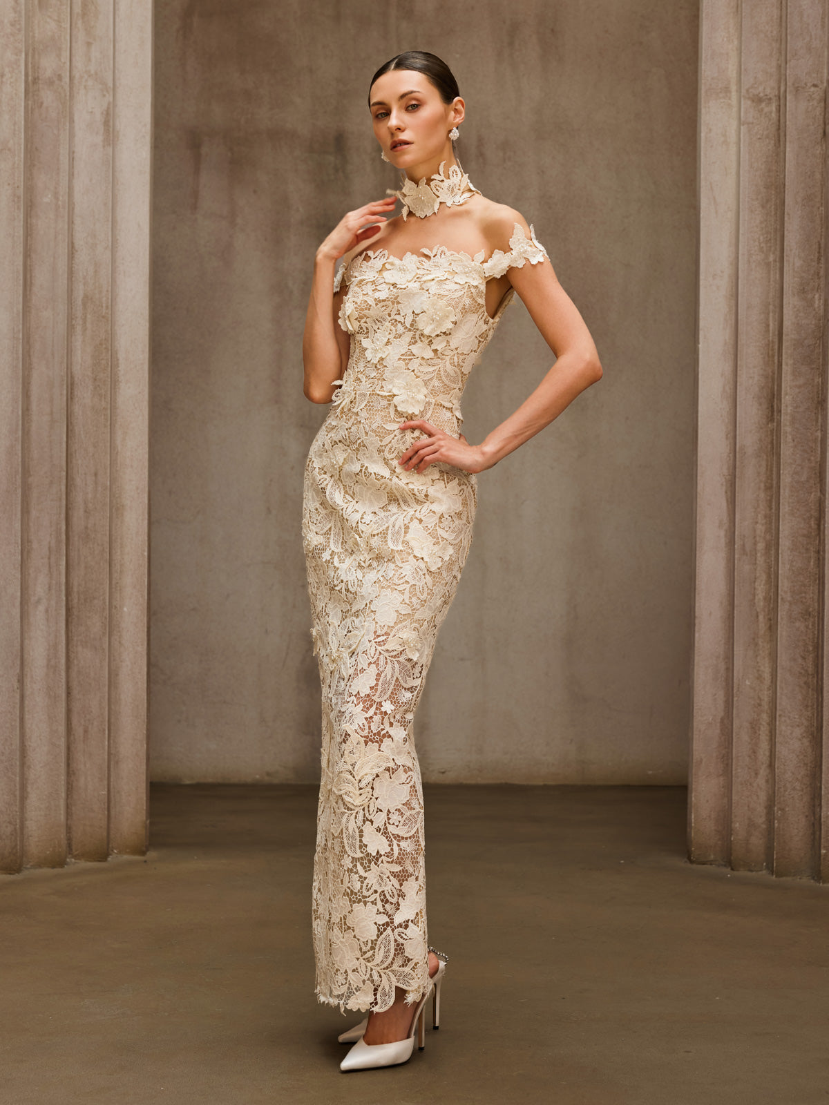Rosstef Beige Çiçek Desenli Maxi Elbise