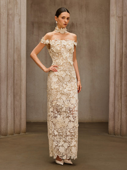 Rosstef Beige Çiçek Desenli Maxi Elbise