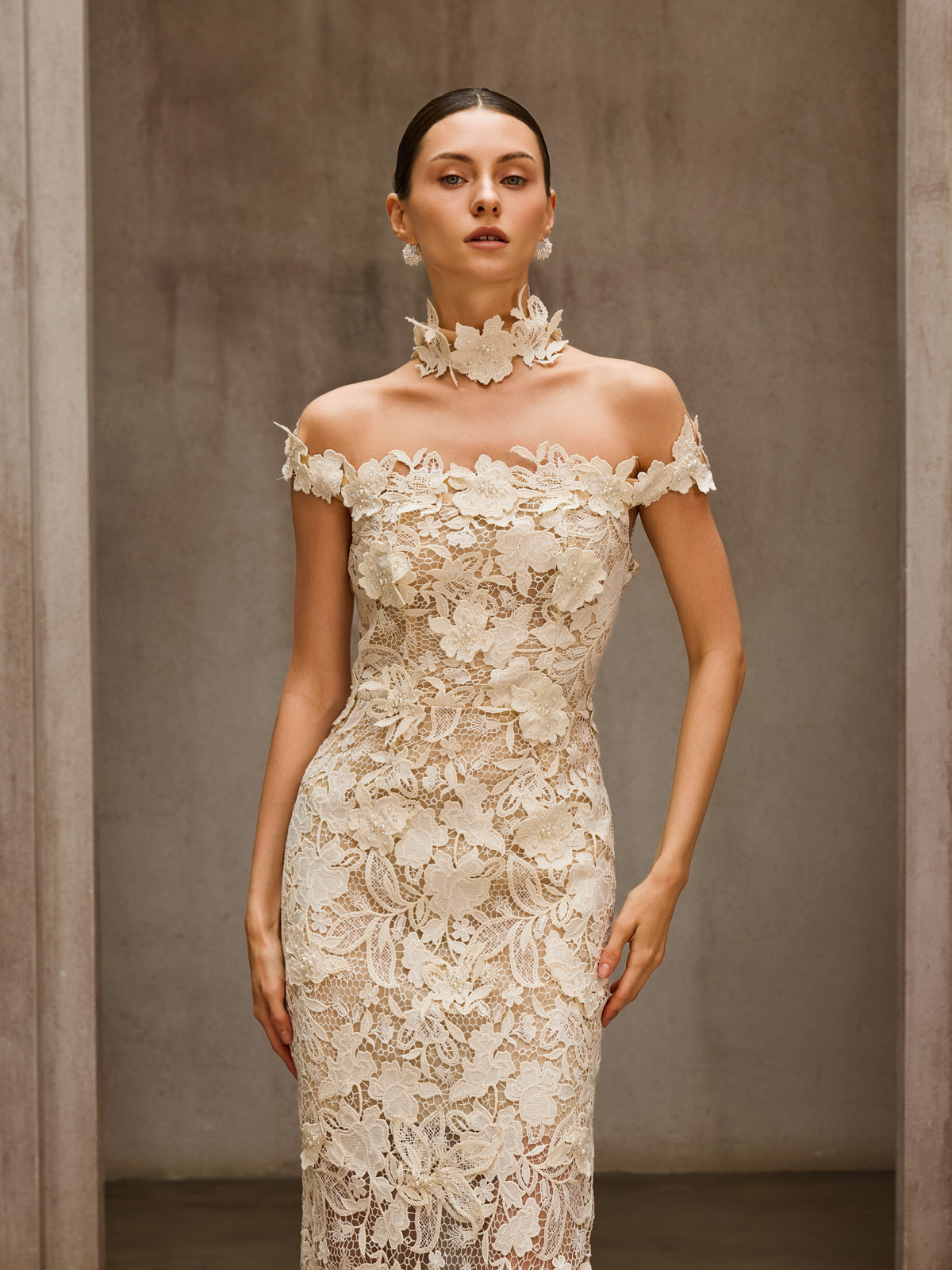 Rosstef Beige Çiçek Desenli Maxi Elbise