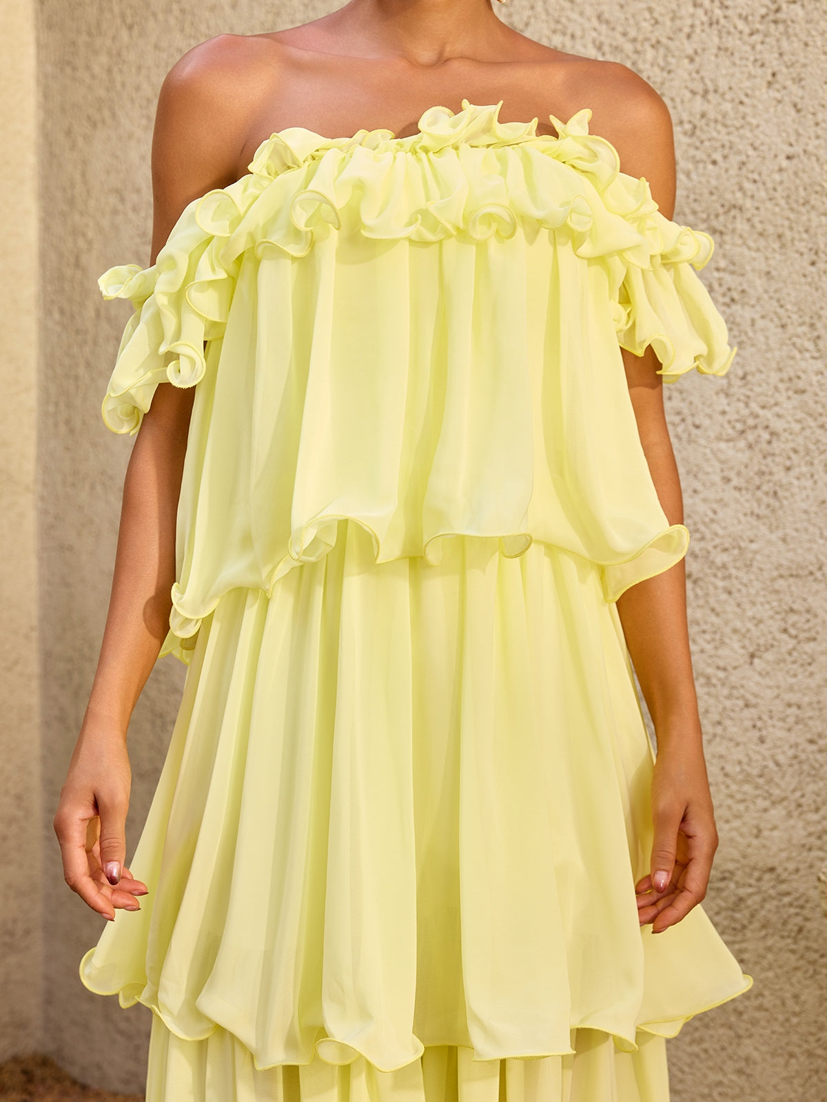 Rosstef Düşük Omuz Katlı Maxi Elbise - Romanşik Zarif