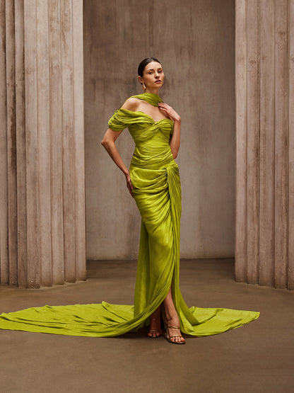 Rosstef Chartreuse Düşük Omuz Maxi Elbise