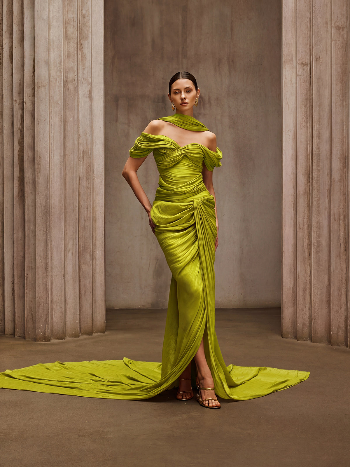 Rosstef Chartreuse Düşük Omuz Maxi Elbise