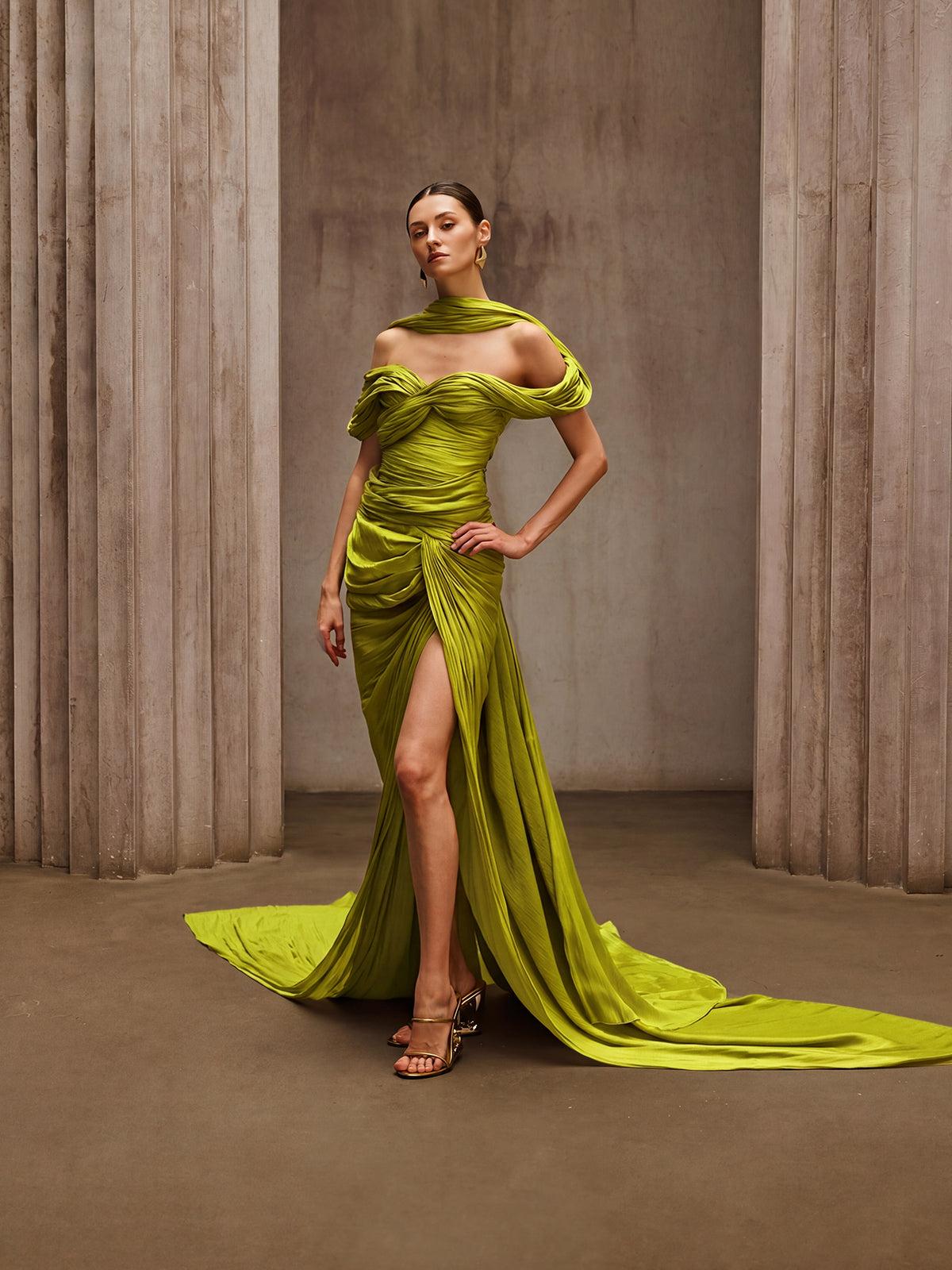 Rosstef Chartreuse Düşük Omuz Maxi Elbise