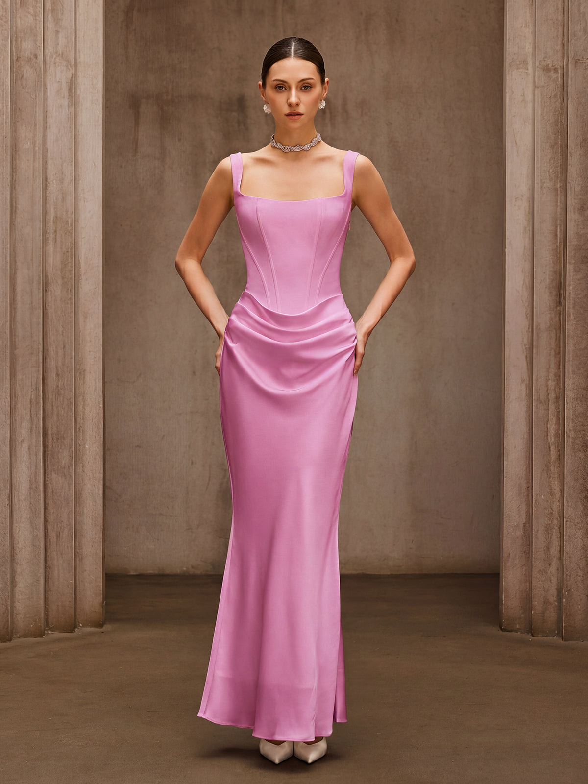 Rosstef Duyen Kolsuz Korse Maxi Elbise - Pembe
