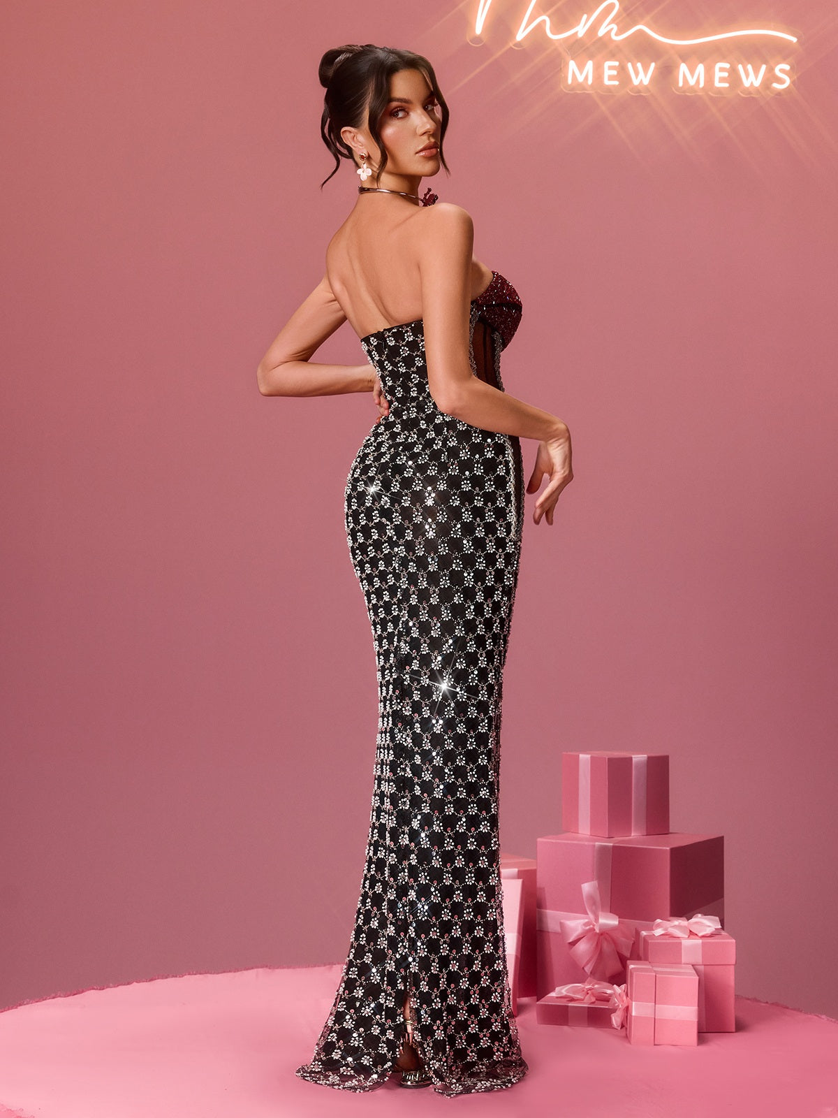 Rosstef Flo Straplez Kristal Lips Maxi Elbise