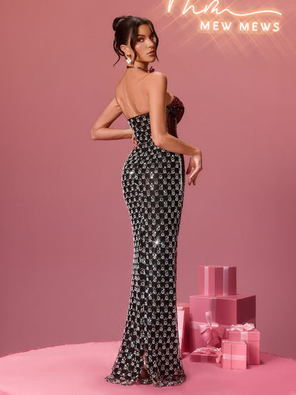 Rosstef Flo Straplez Kristal Lips Maxi Elbise