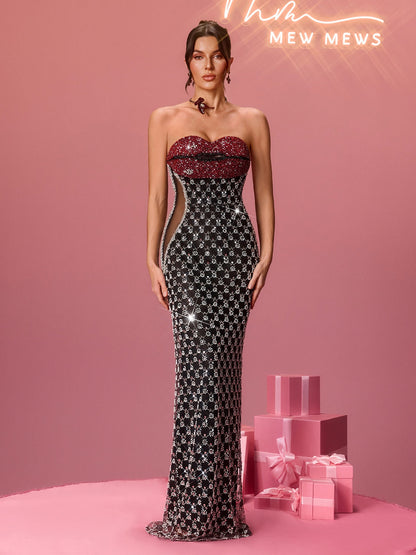 Rosstef Flo Straplez Kristal Lips Maxi Elbise