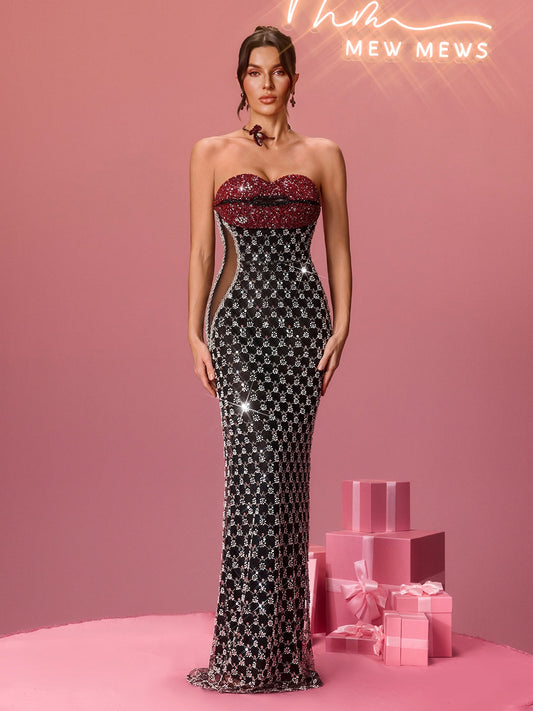 Rosstef Flo Straplez Kristal Lips Maxi Elbise