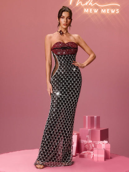 Rosstef Flo Straplez Kristal Lips Maxi Elbise