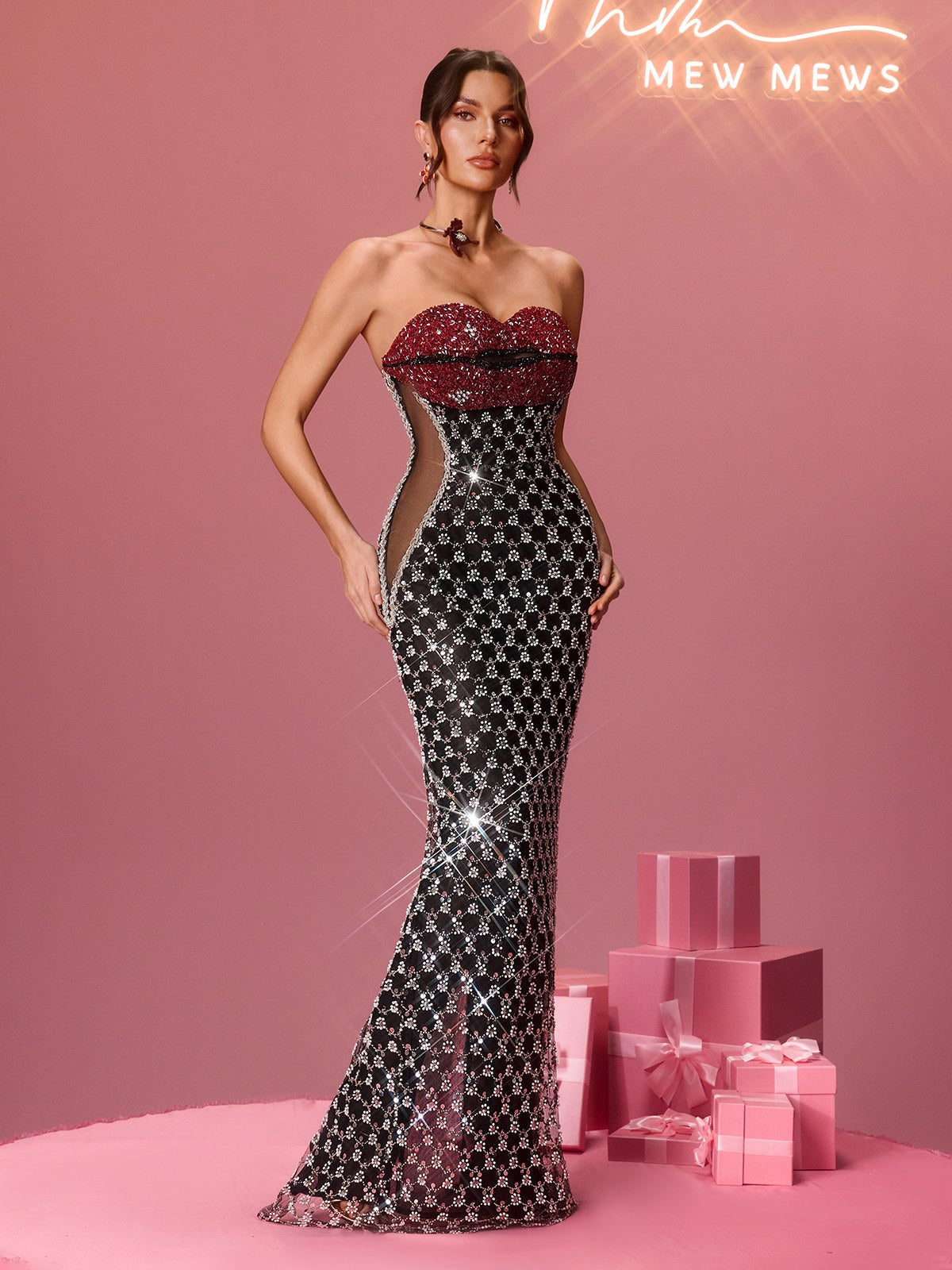 Rosstef Flo Straplez Kristal Lips Maxi Elbise